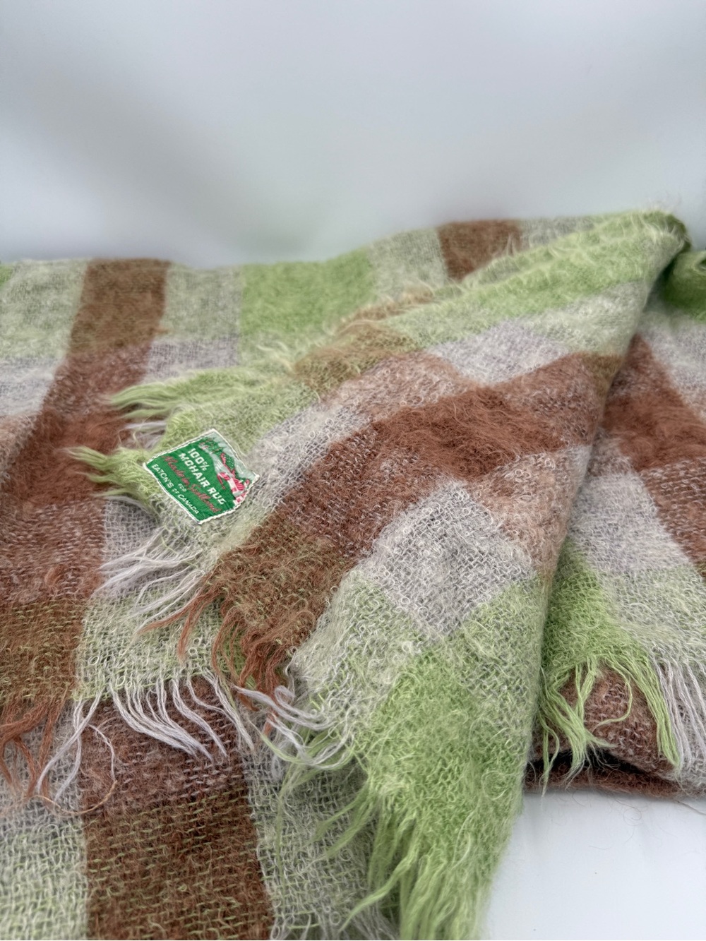 Vintage Eaton's Green Brown Plaid Mohair Blanket Earthy  43"x 67 AS IS REPAIRS
